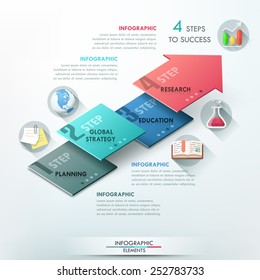 Modern infographics options banner with 3d colorful arrow divided into 4 parts. Vector. Can be used for web design and  workflow layout