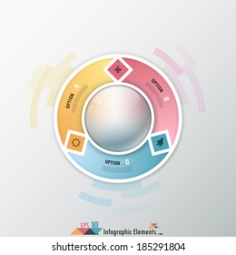 Modern infographics options banner with 3-part ribbon around realistic ball. Vector. Can be used for web design and  workflow layout