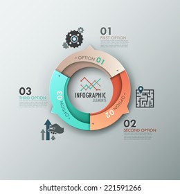 Modern infographics options banner with 3-part chart and icons. Vector. Can be used for web design and  workflow layout