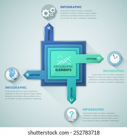 Modern infographics options banner with 4 colorful paper rectangles, arrows and flat icons on bright background. Vector. Can be used for web design and  workflow layout