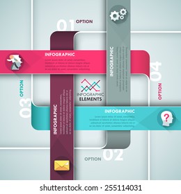 Modern infographics options banner with 4 paper ribbons and flat icons on grey background. Vector. Can be used for web design and  workflow layout