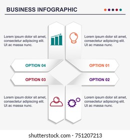 Modern infographics options banner with 4 paper ribbons and flat icons on white background. Vector illustration. Can be used for web design and workflow layout