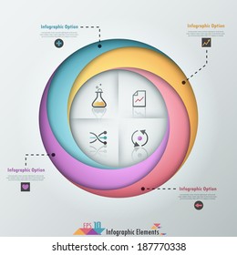 Modern infographics options banner with 4-part pie chart, spiral ribbons and icons. 