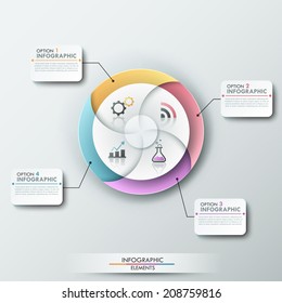 Modern infographics options banner with 4-part pie chart and icons. Vector. Can be used for web design and  workflow layout