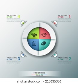 Modern infographics options banner with 4-part pie chart and icons. Vector. Can be used for web design and  workflow layout