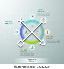 Modern infographics options banner with 4-part pie chart and icons. Vector. Can be used for web design and  workflow layout