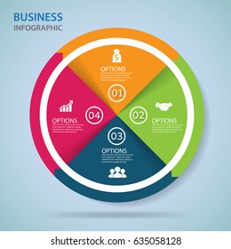 Modern infographics options banner with 4-part pie chart and icons. Vector.