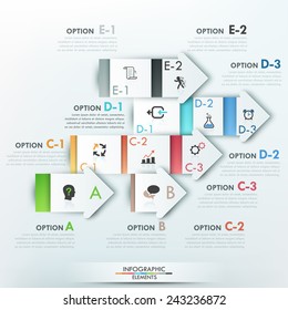 Modern infographics options banner with 5 white paper arrows divided into steps. Vector. Can be used for web design and  workflow layout