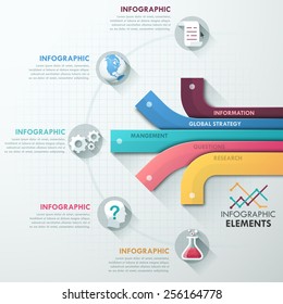 Modern infographics options banner with 5 paper ribbons and flat icons on grey background. Vector. Can be used for web design and  workflow layout