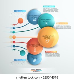 Modern infographics options banner with 5 colorful spheres and icons. Vector. Can be used for web design and  workflow layout