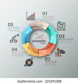 Modern infographics options banner with 5-part chart and icons. Vector. Can be used for web design and  workflow layout