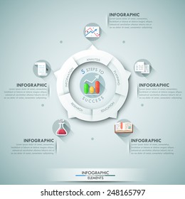 Modern infographics options banner with 5-part chart and icons. Vector. Can be used for web design and  workflow layout