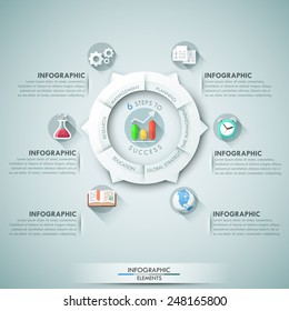 Modern infographics options banner with 6-part chart and icons. Vector. Can be used for web design and  workflow layout