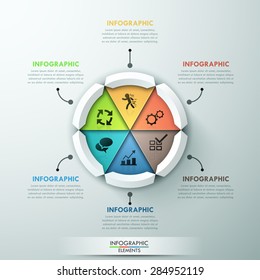 Modern infographics options banner with 6-part pie chart and icons. Vector. Can be used for web design and  workflow layout