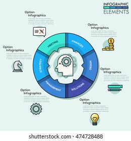 Modern infographics options banner with 6-part chart and icons in thin line style. Vector. Can be used for web design and workflow layout