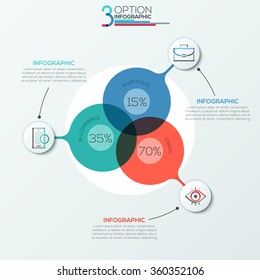 Modern infographics options banner area chart with 3 intersection circles and icons. Vector. Can be used for web design, presentations, brochures and  workflow layout