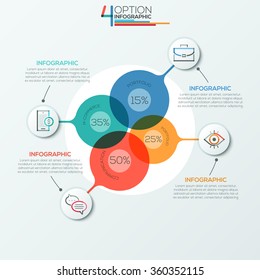 Modern infographics options banner area chart with 4 intersection circles and icons. Vector. Can be used for web design, presentations, brochures and  workflow layout