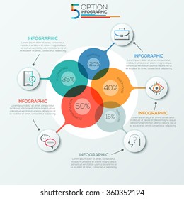 Modern infographics options banner area chart with 5 intersection circles and icons. Vector. Can be used for web design, presentations, brochures and  workflow layout
