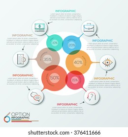Modern infographics options banner area chart with 6 intersection circles and icons. Vector. Can be used for web design, presentations, brochures and  workflow layout