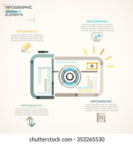 Modern infographics options banner with camera made of colorful lines in outline style. Vector. Can be used for web design and  workflow layout