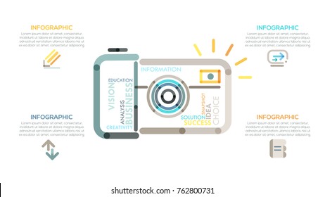 Modern infographics options banner with camera made of colorful lines in outline style. Vector. Can be used for web design and  workflow layout.Unusual presentation slide