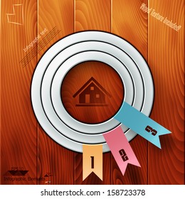Modern infographics options banner with circle buttons on wood background. Vector. Can be used for web design and  workflow layout