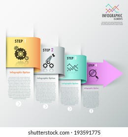 Modern infographics options banner with colorful paper arrow divided into four steps. 