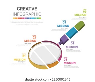 Modern infographics options banner with colorful Magnifying Glass with 6 steps. Can be used for workflow layout, process diagram, flow chart. vector illustration.