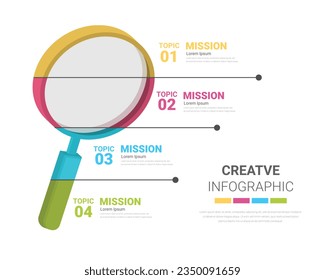 Modern infographics options banner with colorful Magnifying Glass with4 steps. Can be used for workflow layout, process diagram, flow chart. vector illustration.