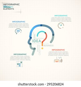 Modern infographics options banner with colorful head and question symbol in outline style. Vector. Can be used for web design and  workflow layout