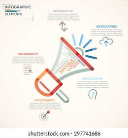 Modern infographics options banner with colorful megaphone in outline style. Vector. Can be used for web design and  workflow layout