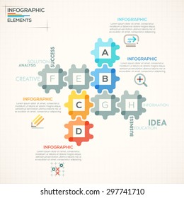 Modern infographics options banner with colorful puzzle pieces in outline style. Vector. Can be used for web design and  workflow layout