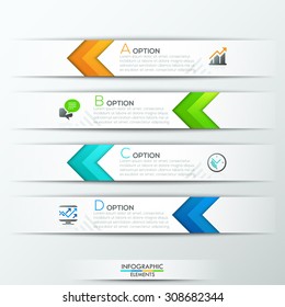 Modern infographics options banner with colorful arrows on white paper ribbons for 4 options. Vector. Can be used for web design and  workflow layout