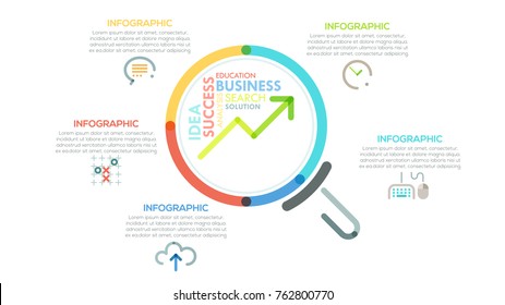 Modern infographics options banner with colorful magnifier in outline style. Vector. Can be used for web design and  workflow layout. Creative presentation slide