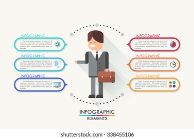 Modern infographics options banner with flat style doodle businessman and colorful frames for 6 features. Vector. Can be used for web design and  workflow layout