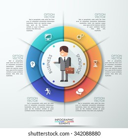 Modern infographics options banner with flat style doodle businessman and paper pie chart for 6 features. Vector. Can be used for web design and  workflow layout