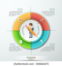 Modern infographics options banner with flat style doodle businessman and paper pie chart for 4 features. Vector. Can be used for web design and  workflow layout
