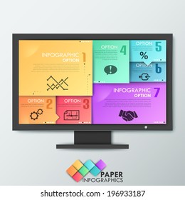 Modern infographics options banner with monitor made of colorful sheets. Vector. Can be used for web design and  workflow layout