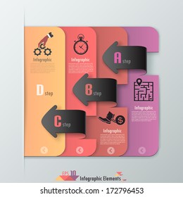 Modern infographics options banner with paper sheets cropped into arrows. Vector. 