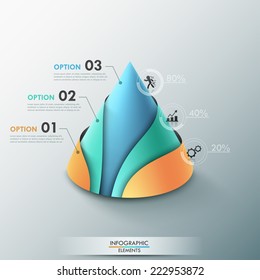 Modern infographics options banner with paper cone, icons and pie charts for 3 options. Vector. Can be used for web design and  workflow layout