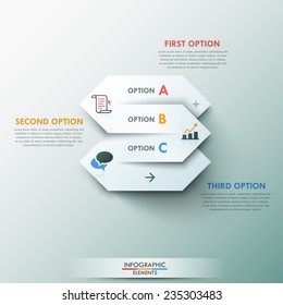 Modern infographics options banner with process template made of white ribbon for 3 options on grey background. Vector. Can be used for web design and  workflow layout
