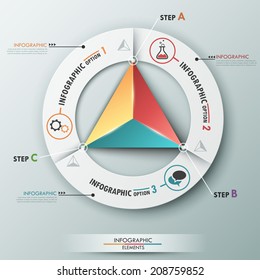 Modern infographics options banner with pyramid for 3 options and round paper ribbon. Vector. Can be used for web design and workflow layout.