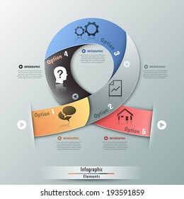 Modern infographics options banner with realistic colorful ribbon divided into 5 steps and icons. 