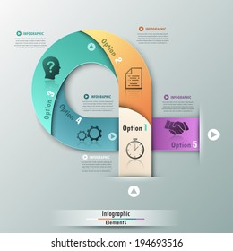 Modern infographics options banner with realistic colorful ribbon divided into 5 steps and icons. Vector. Can be used for web design and  workflow layout