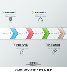 Modern infographics options banner with realistic colorful ribbon divided into 4 steps and icons. Vector. 