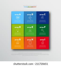 Modern infographics options banner with realistic colorful ribbons for 9 options and icons. Vector. Can be used for web design and workflow layout
