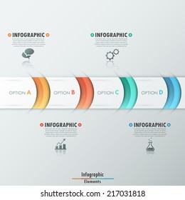 Modern infographics options banner with realistic colorful ribbon divided into 4 steps and icons. Vector. Can be used for web design and  workflow layout