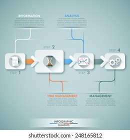 Modern infographics options banner with rectangle paper sheets connected with arrows. Vector. Can be used for web design and  workflow layout