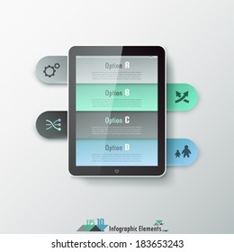 Modern infographics options banner with tablet and colorful ribbons. Vector. Can be used for web design and  workflow layout