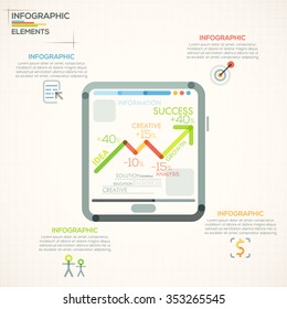 Modern infographics options banner with tablet and growth arrow made of colorful lines in unusual outline style. Vector. Can be used for web design and  workflow layout
